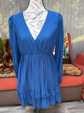 Abercrombie & Fitch Deep Blue V-Neck Long Sleeve Ruffle Dress